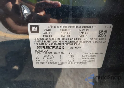 2015 Chevrolet Equinox Ls z USA, uszkodzony, nr VIN 2GNFLEEK9F6263717